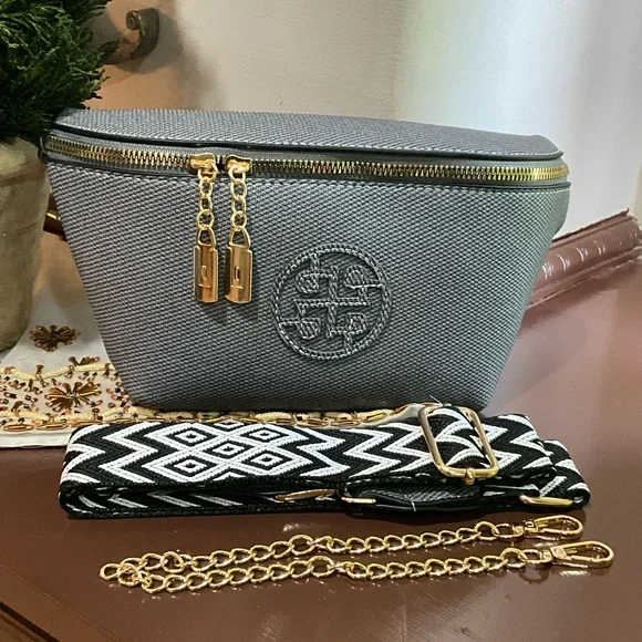 Gray Crossbody Bag with Gold Accents - Picture 6 of 8